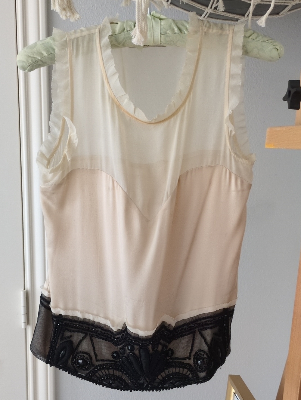 Laundry Contrasting Silk Ruffle Beaded Top